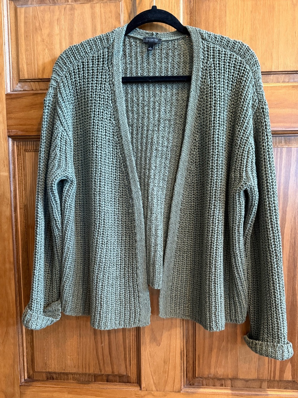 Talbots Olive Open-Front Waffle Knit Cardigan